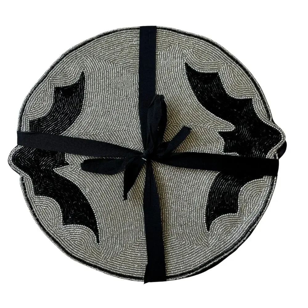 2pc Rachel Zoe Halloween Bat Border Placemat Charger 15in Black & Silver NEW